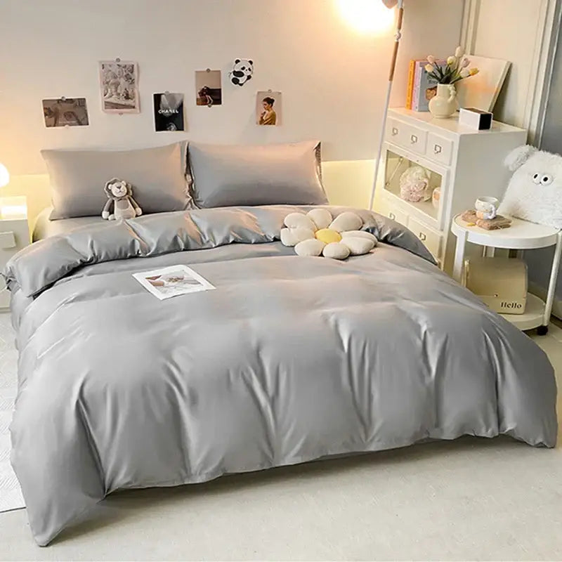 Gray double color blocked ice silk bedding set bedroom duvet cover