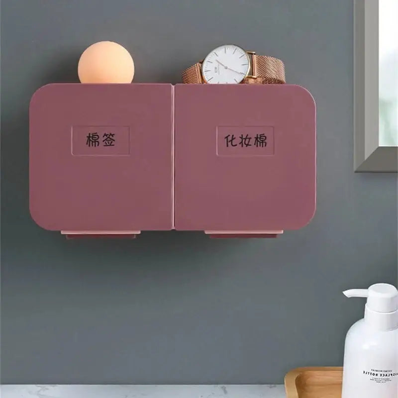 Gray & peach cotton swab holder bathroom wall organizer compartment