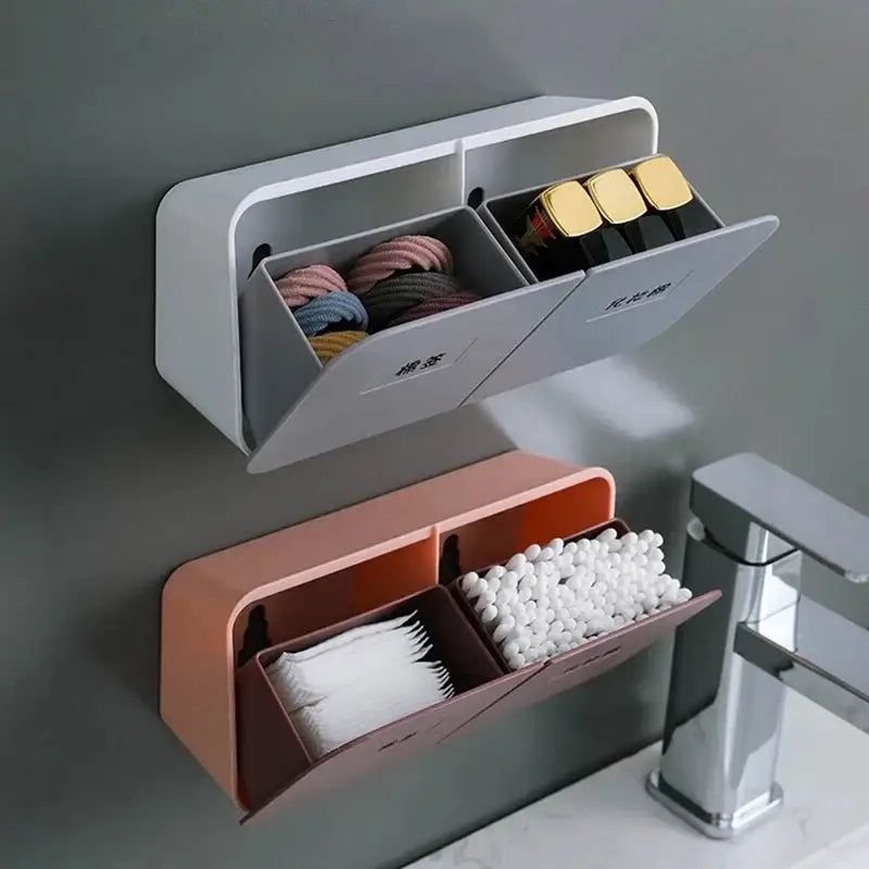 Gray & peach cotton swab holder bathroom wall organizer compartment