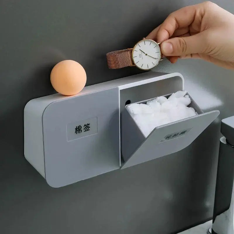Gray & peach cotton swab holder bathroom wall organizer compartment