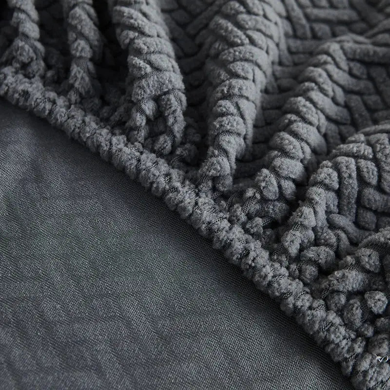 Gray textured jacquard sofa cover with pillows for living room