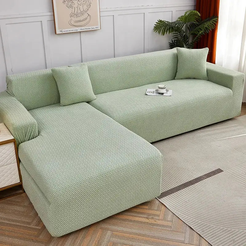Gray textured jacquard sofa cover with pillows for living room