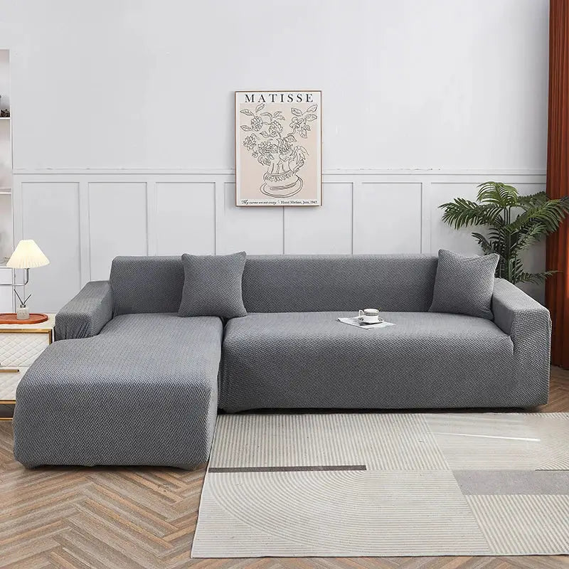Gray textured jacquard sofa cover with pillows for living room