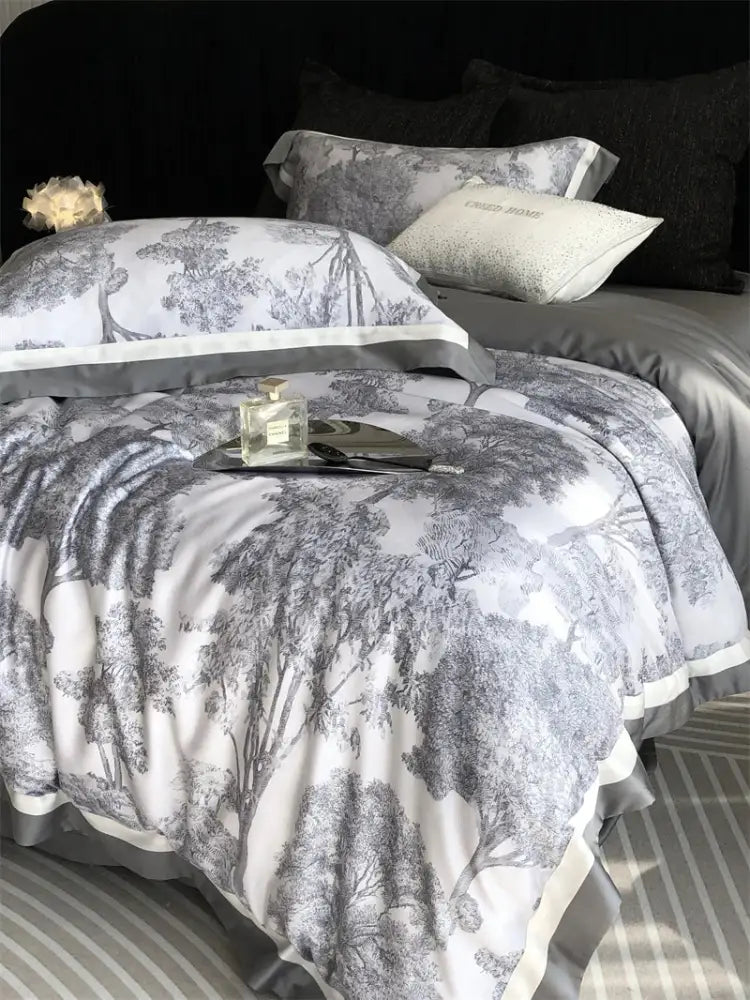 Gray & white forest toile bedding set bedroom jungle print flowers