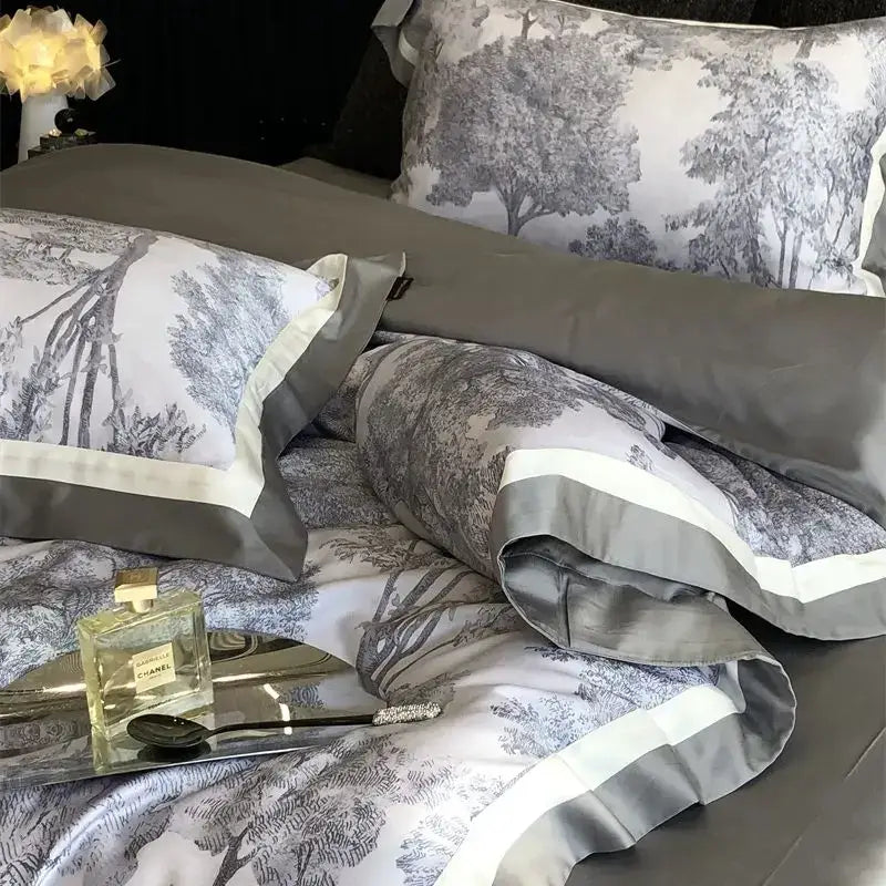 Gray & white forest toile bedding set bedroom jungle print flowers