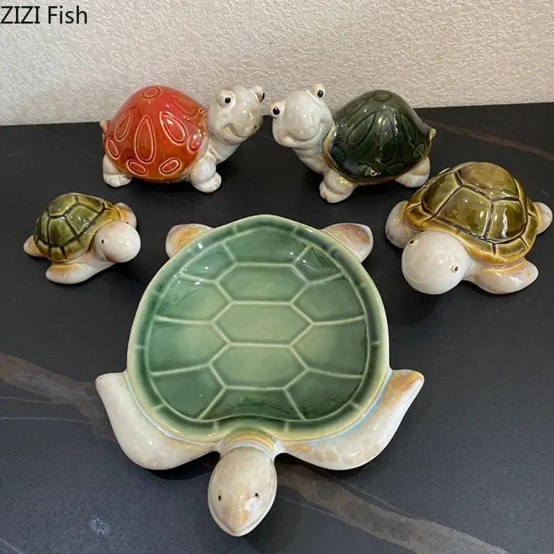 Green and cream ceramic cute turtle statue tray for living room decor