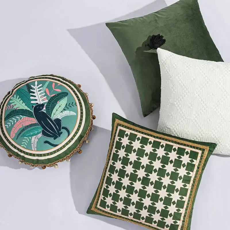 Green and white geometric tufted embroidery cushion cover living room