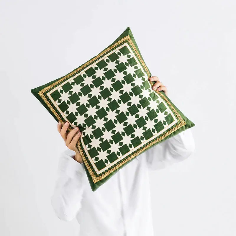 Green and white geometric tufted embroidery cushion cover living room