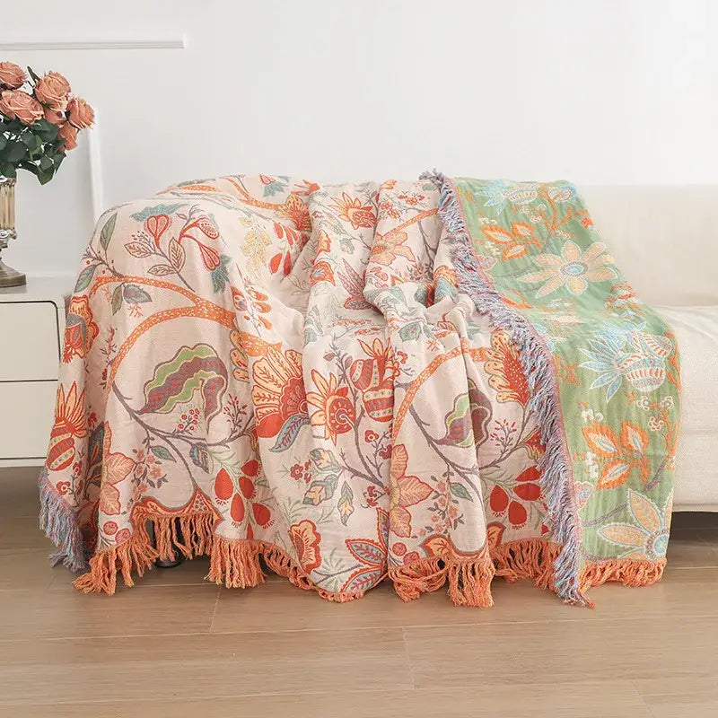 Green floral cotton tassel sofa blanket living room leisure throw