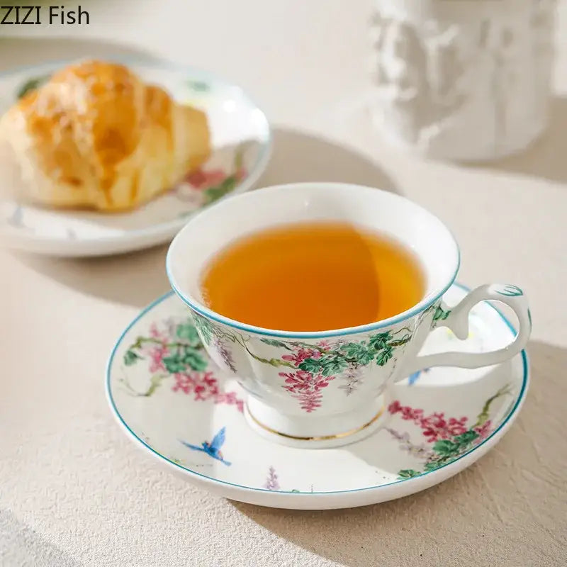 Green vine flower porcelain cup and saucer dining room tea set