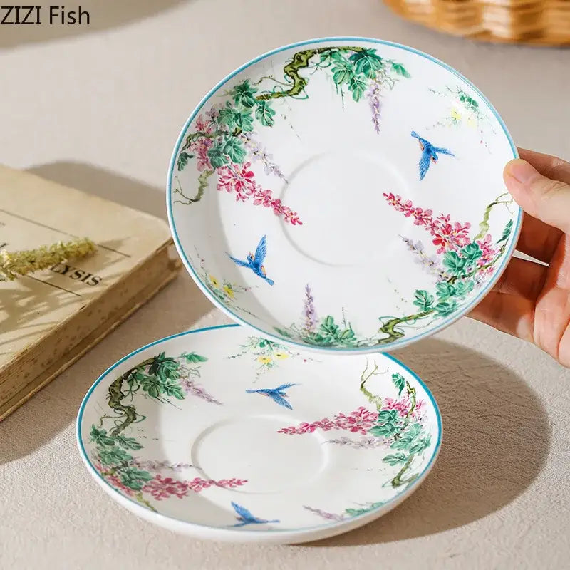Green vine flower porcelain cup and saucer dining room tea set