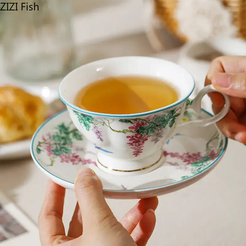 Green vine flower porcelain cup and saucer dining room tea set