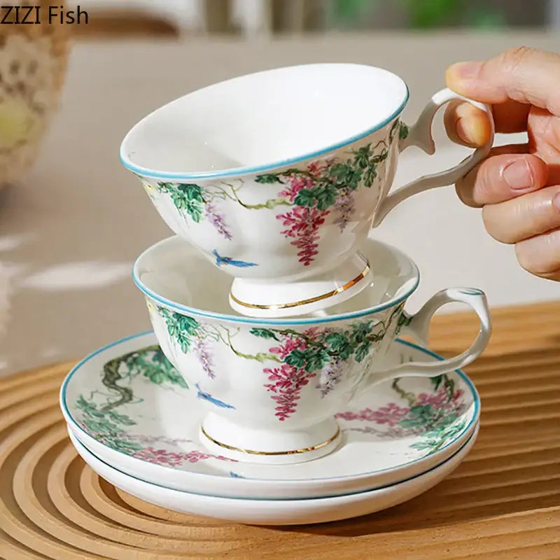 Green willow porcelain tea cup and saucer set dining room tableware