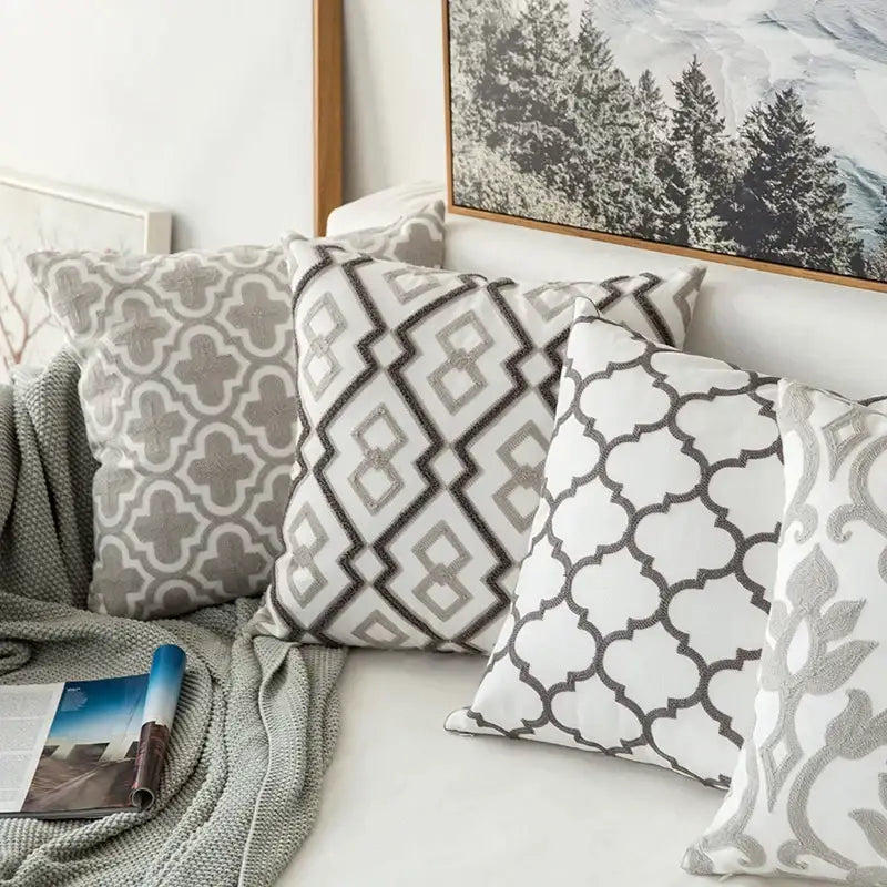 Grey geometric embroidered cushion cover living room grey & white