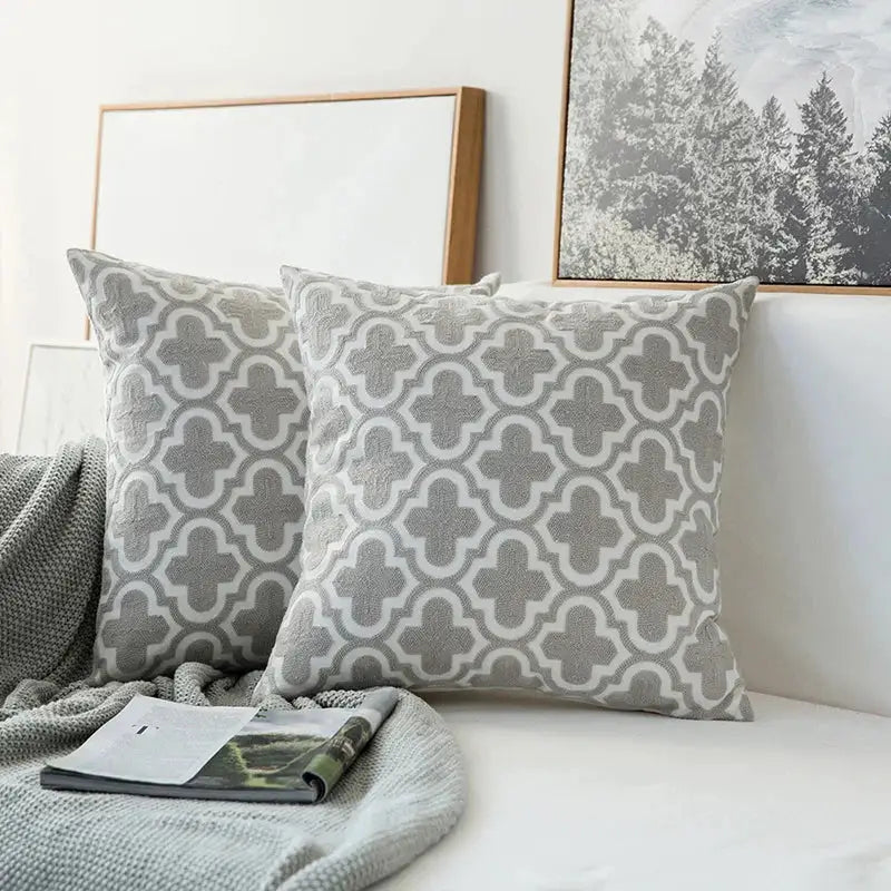 Grey geometric embroidered cushion cover living room grey & white