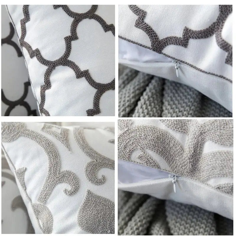 Grey geometric embroidered cushion cover living room grey & white