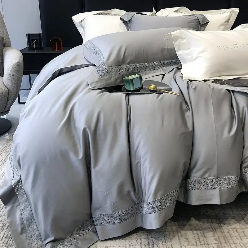 Grey hollow lace egyptian cotton bedding set bedroom decor