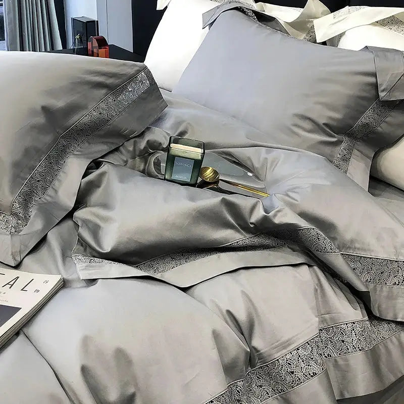 Grey hollow lace egyptian cotton bedding set bedroom decor