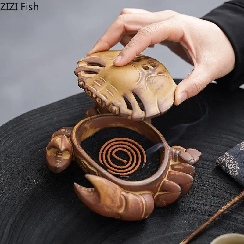 Hand carved brown crab ceramic incense burner living room decor tray