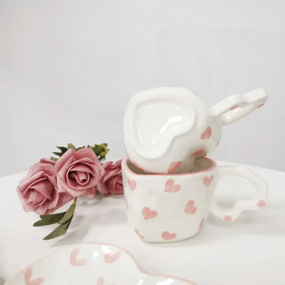 Hand painted heart handle pink polka dot love mug kitchen saucer set