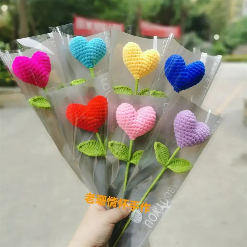 Hand woven love heart yarn crochet flower bouquet bedroom decor