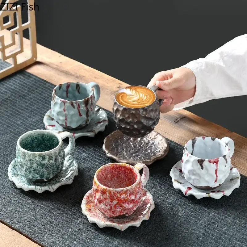 Handcrafted blue & red hammer pattern ceramic mug set dining room