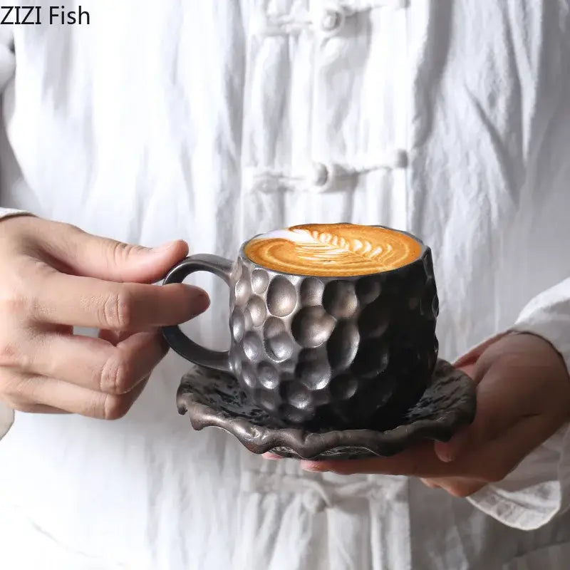 Handcrafted earthy hammer pattern porcelain mugs kitchen set of 2