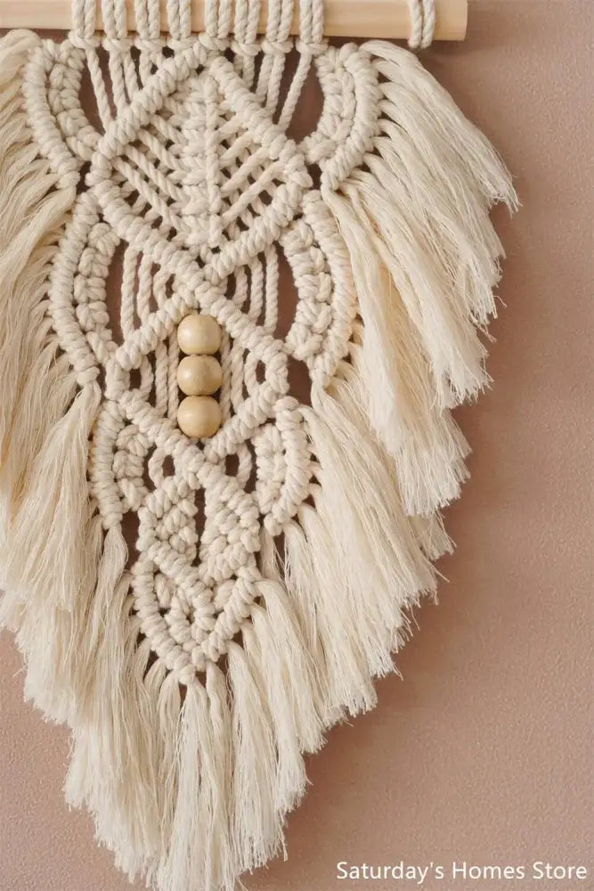 Handmade macrame leaf wall hanging olive green & off-white bedroom decor