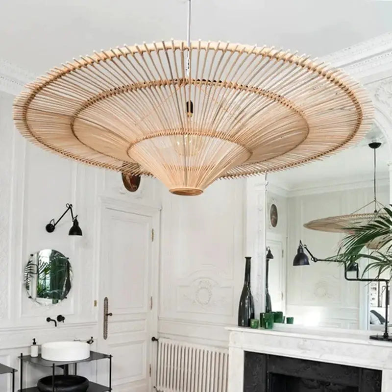 Handmade rattan wicker chandelier natural beige dining room pendant