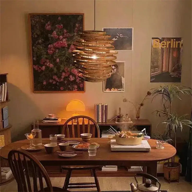 Handmade tiered bamboo birdnest pendant light bedroom spiral lamp