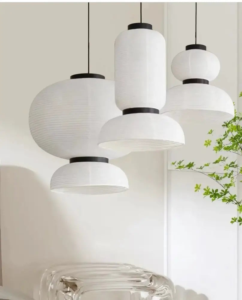 Handmade white paper chandelier with black rim for dining room