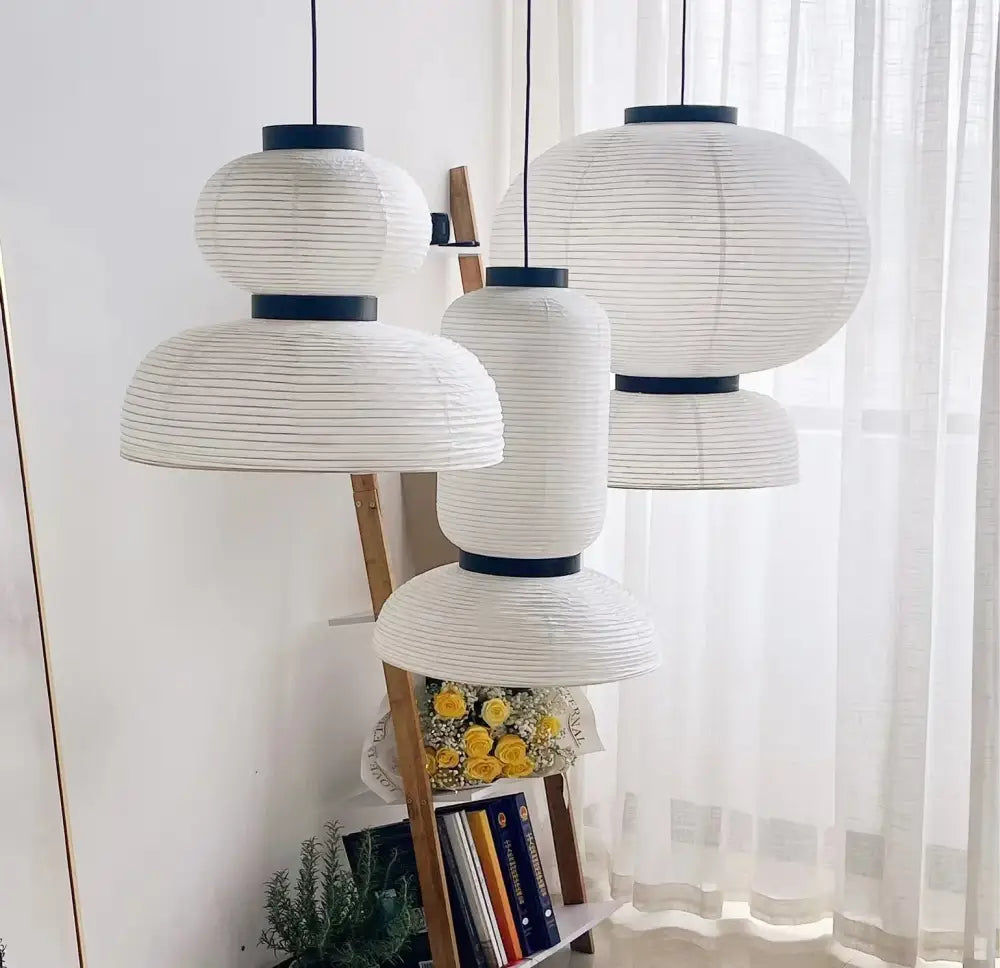 Handmade white paper chandelier with black rim for dining room