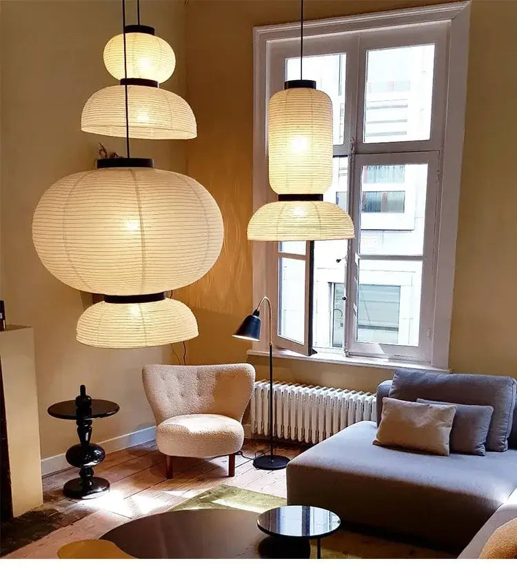 Handmade white paper chandelier with black rim for dining room