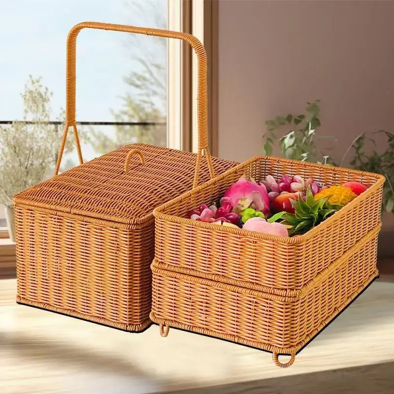 Handwoven rattan picnic basket with lid rectangular outdoor storage