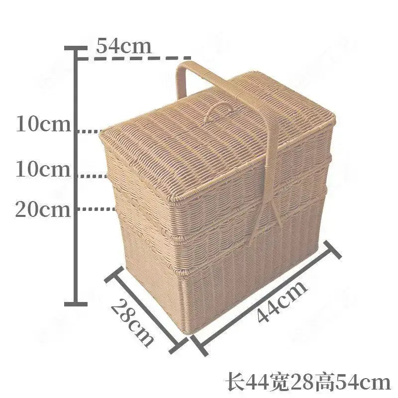 Handwoven rattan picnic basket with lid rectangular outdoor storage