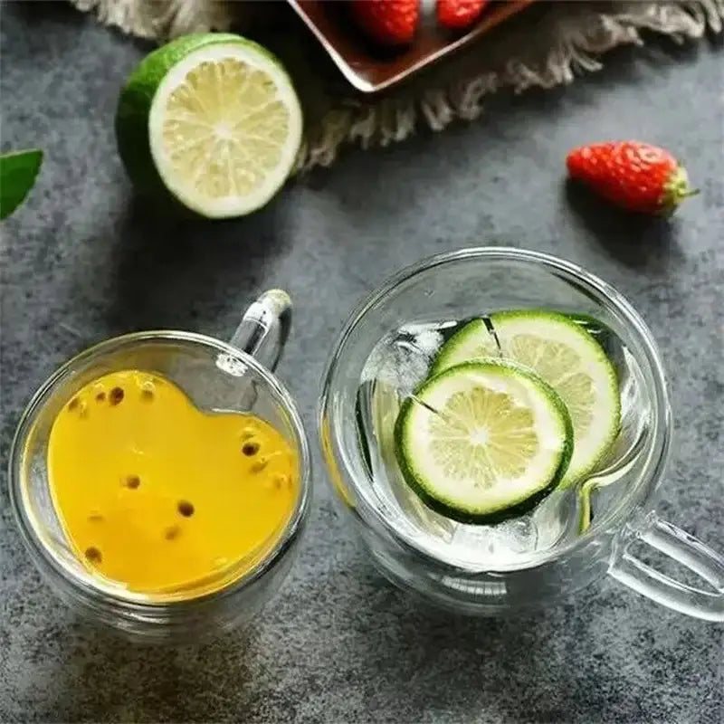 Heart shaped double wall glass mug set kitchen drinkware