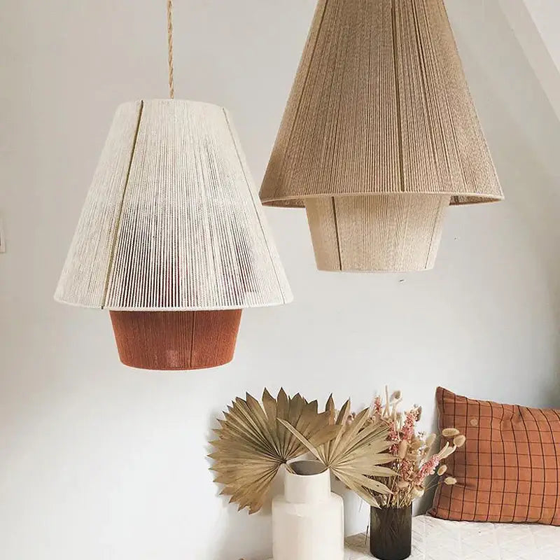 Hexagonal bamboo hemp rope rattan pendant lights for dining room