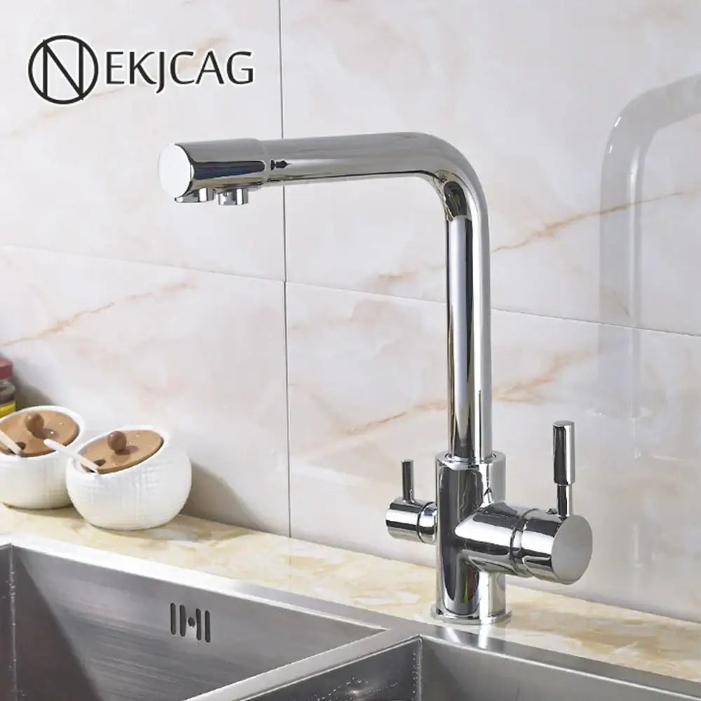 High arc dual spout chrome kitchen faucet with pull down sprayer