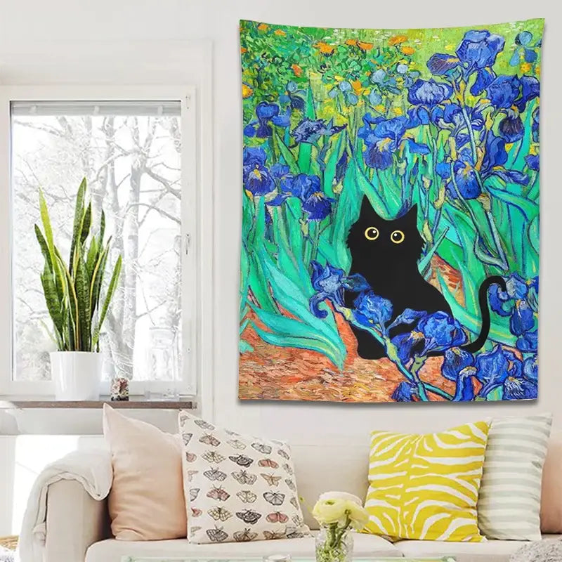 Impressionistic decorbites irises cat tapestry bedroom wall art