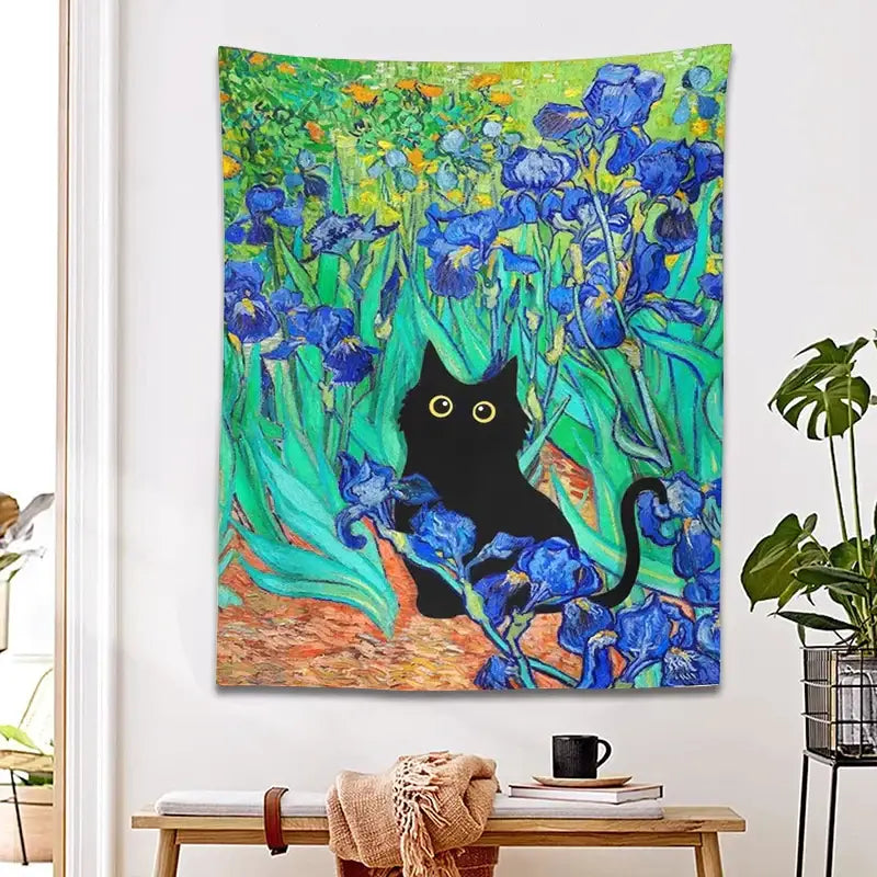 Impressionistic decorbites irises cat tapestry bedroom wall art