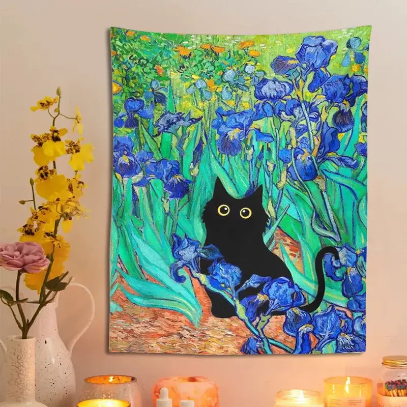 Impressionistic decorbites irises cat tapestry bedroom wall art