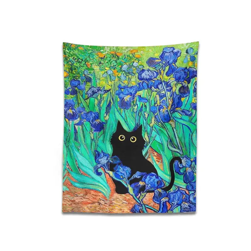 Impressionistic decorbites irises cat tapestry bedroom wall art