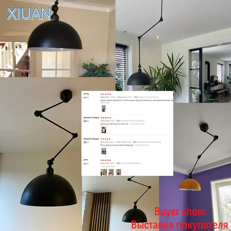 Industrial black adjustable long arm pendant light for living room