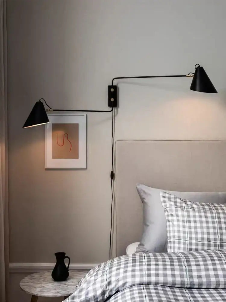 Industrial black and brass swing arm wall light living room