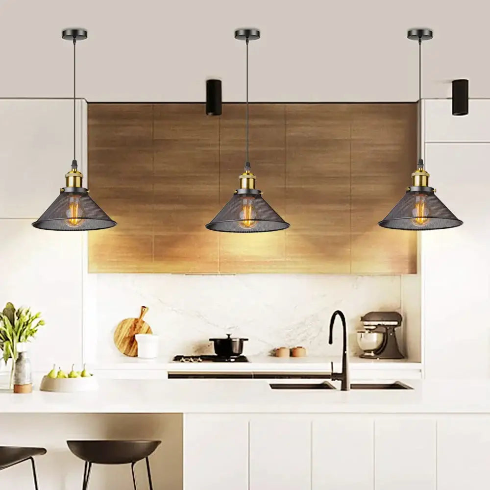Industrial black cage pendant light kitchen mesh shade brass hardware