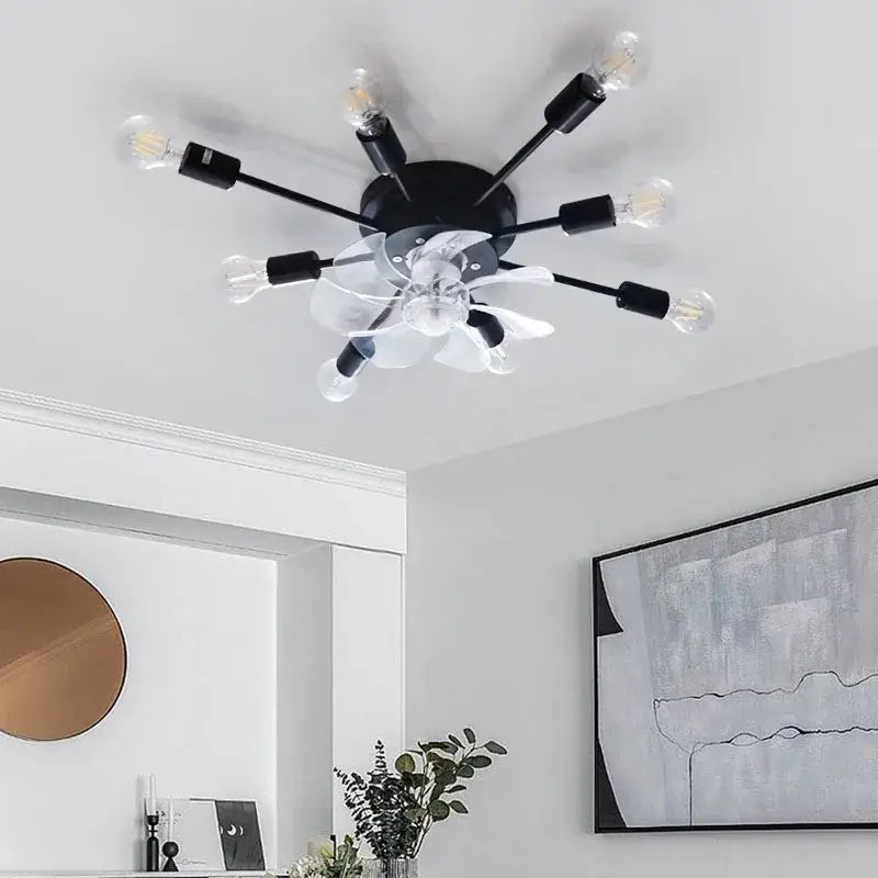 Industrial black ceiling fan with clear blades – living room led light