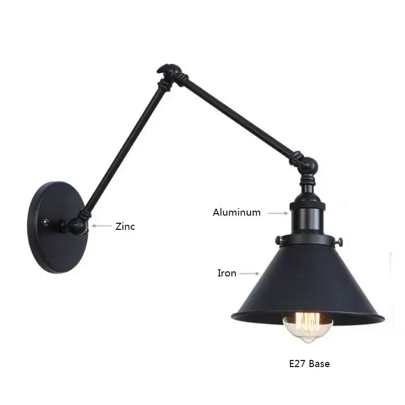 Industrial black & copper vintage wall sconce bedroom long arm light