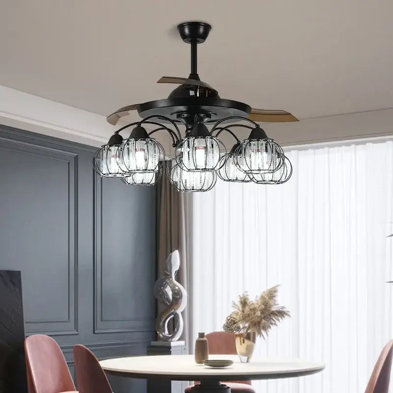 Industrial black crystal ceiling fan living room remote control fan