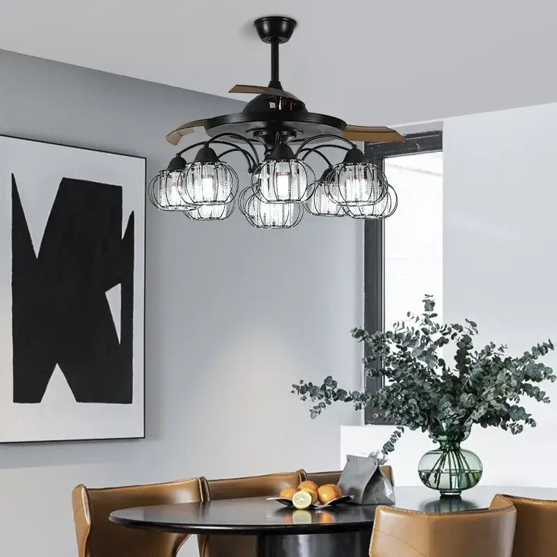 Industrial black crystal ceiling fan living room remote control fan