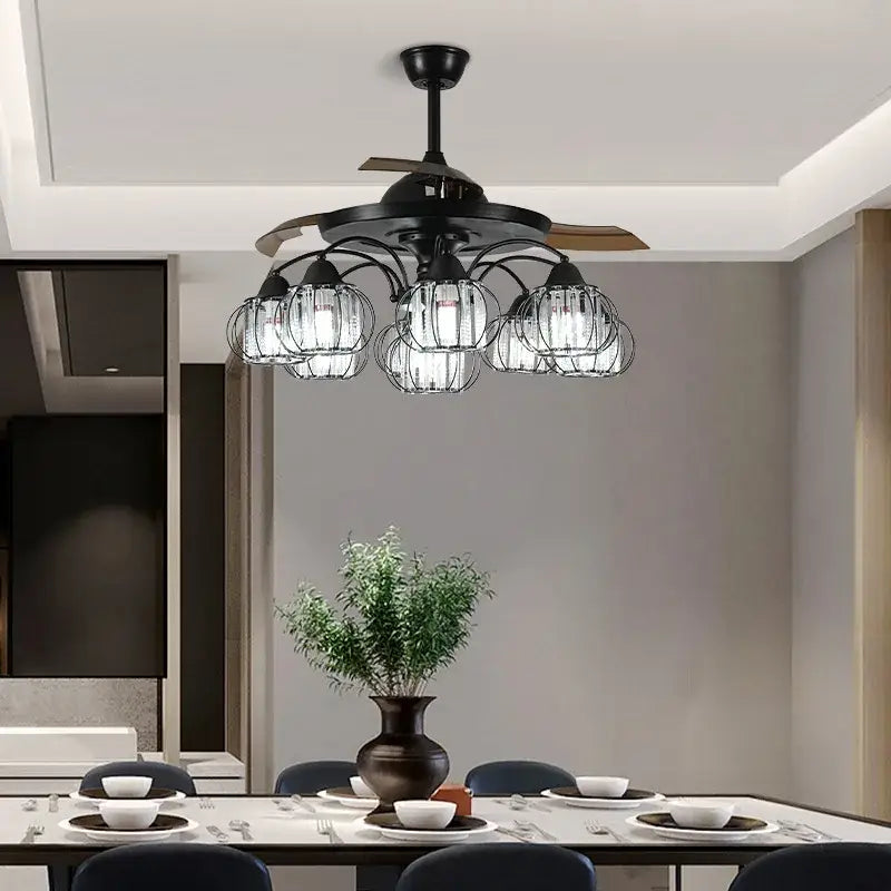 Industrial black crystal ceiling fan living room remote control fan